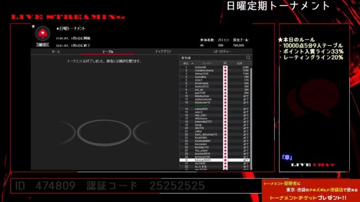 【ポーカー】日曜定期トーナメント【終了予定23時30分　誰でも参加可能】