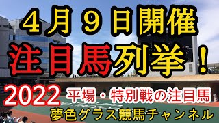 【注目馬列挙・平場予想】2022年4月9日JRA平場特別戦！芝の注目は中山差し、阪神先行？