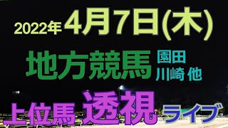 【地方競馬ライブ（馬番透視）】4/7（木）川崎競馬、園田競馬、笠松競馬の馬券に絡む馬番を透視し配信します。穴馬探しや大穴馬券ゲットにお役立て下さい。